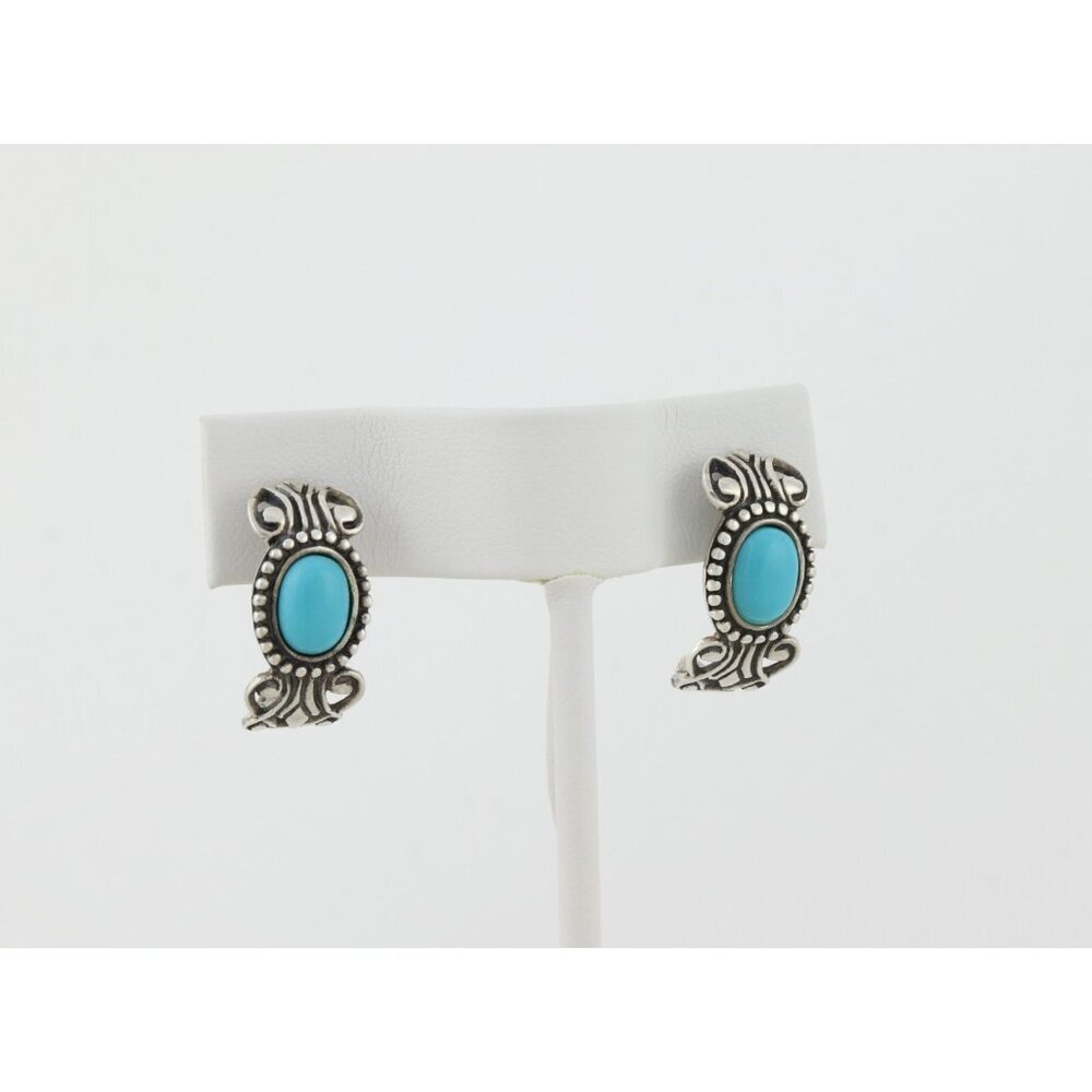 Sterling Silver Blue Turquoise Half Hoop Earrings Avon 3/4" x 3/8" - Picture 5 of 8